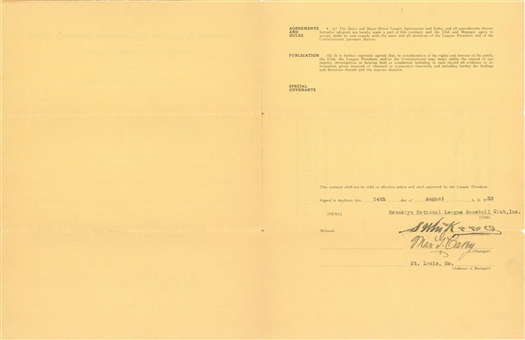 1934 Max Carey Signed Brooklyn Dodgers Uniform Managers Contract Also Signed By John Heydler & Stephen McKeever (JSA)